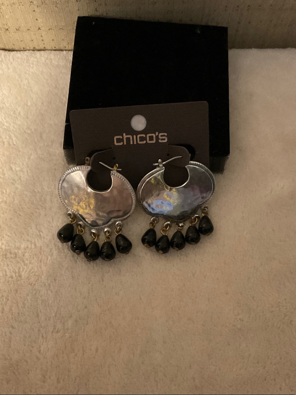 Chico's Silver-Tone Crescent Hoop Earrings with Black Teardrop Dangles